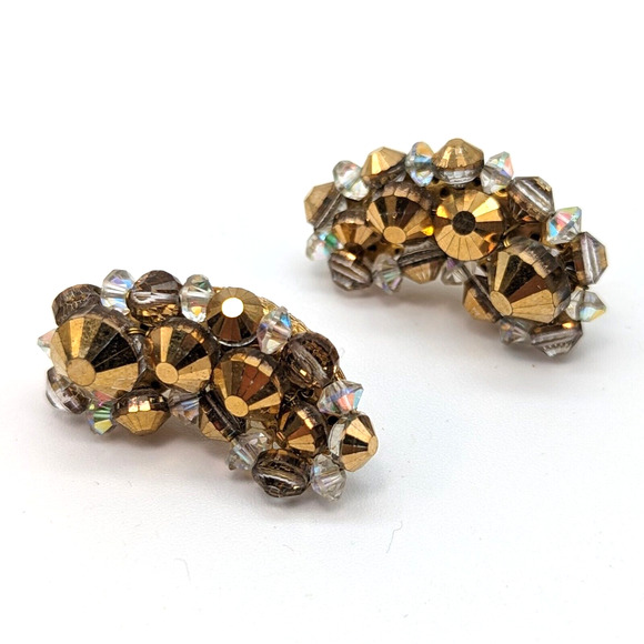 Hobe Gold Beaded AB Aurora Borealis Crystal Crescent Earrings Signed Vintage - Picture 1 of 10